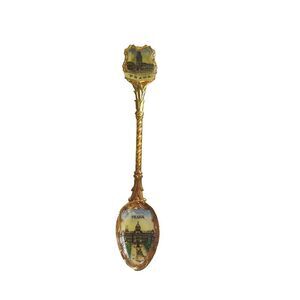 Vintage Souvenir Spoon Praha Czechoslovakia Collectible Gold Tone Enamel